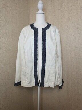 Women's Coldwater Creek White Open Front Blue Frayed Edge Denim Jacket